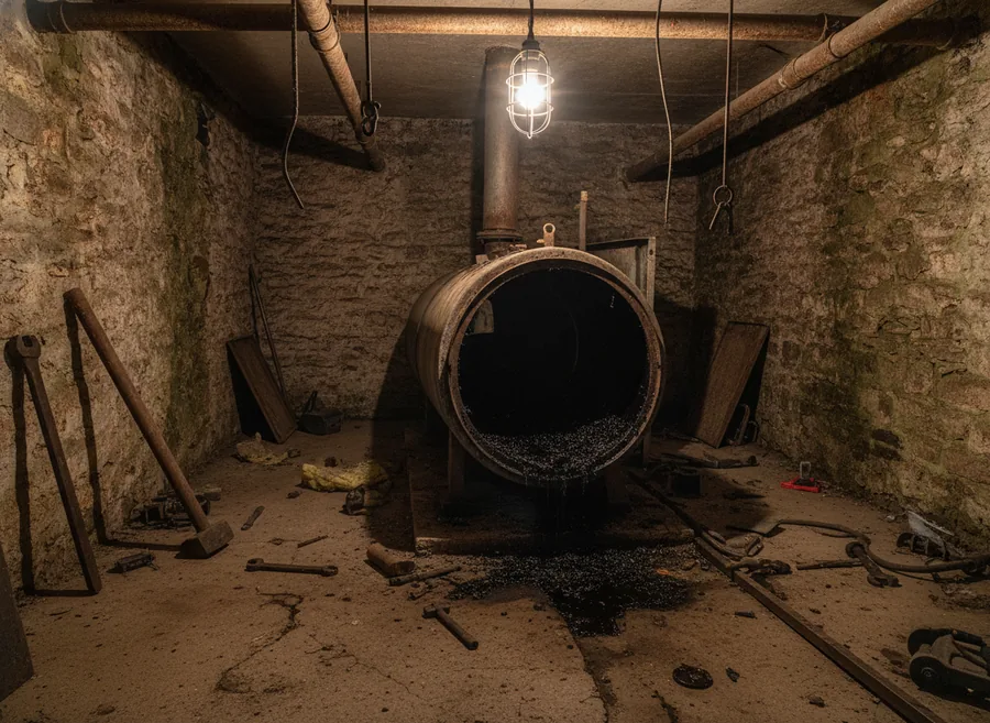 Ancienne chaudière fioul et sa cuve déposées dans une cave lorraine