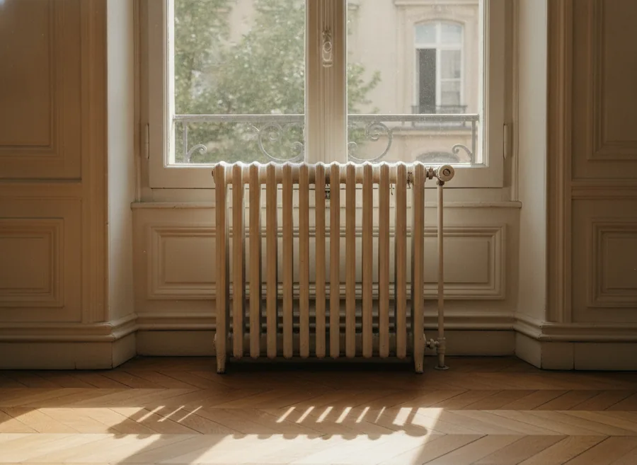 Radiateurs fonte conservés dans une maison nancéienne équipée d'une pompe à chaleur air/eau