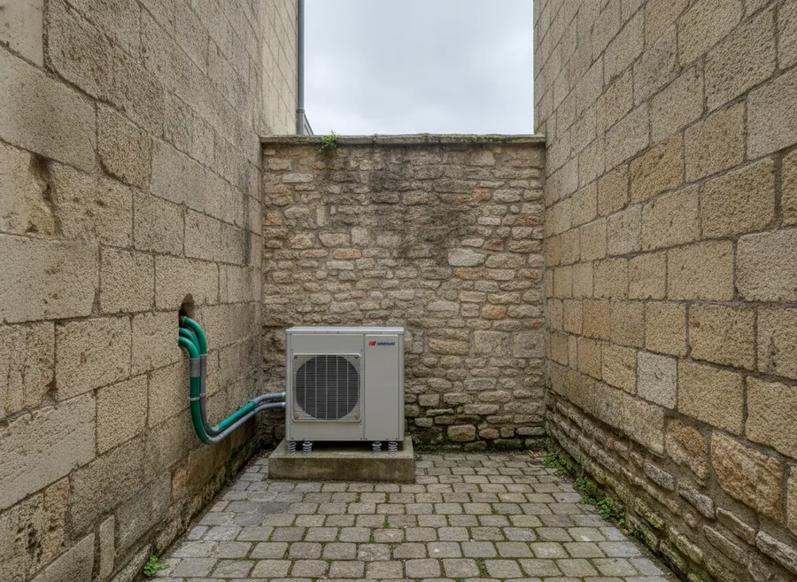 Pompe à chaleur air/eau installée en courette d'une maison de ville à Nancy